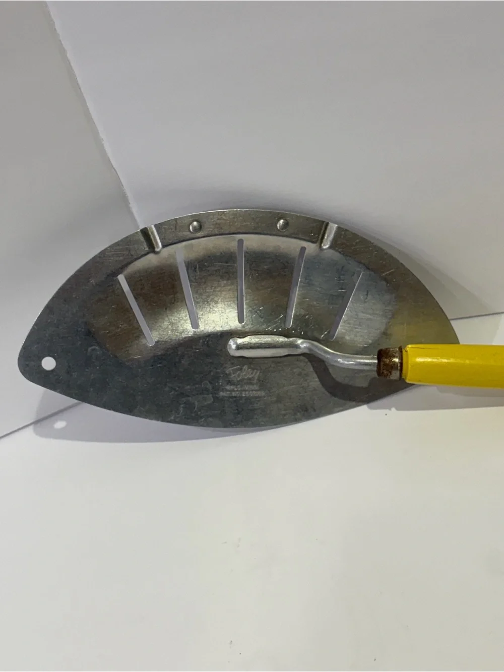 Mid Century Modern Foley Vintage Metal Pot Strainer with Yellow Handle